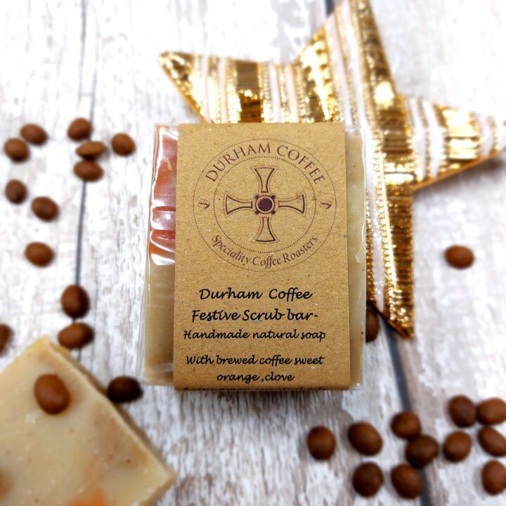 A festive Coffee Scrub Bar Soap made with Durham Coffee beans