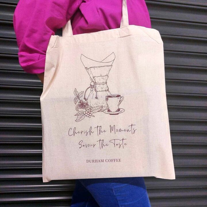 A natural tote bag from Durham Coffee Roasters.