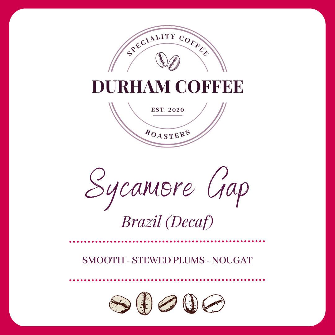 Our Sycamore Gap Brazilian Decaf Coffee Is a medium light roast with flavour notes of stewed plum and nougat. It has been hand roasted in Sacriston, County Durham.